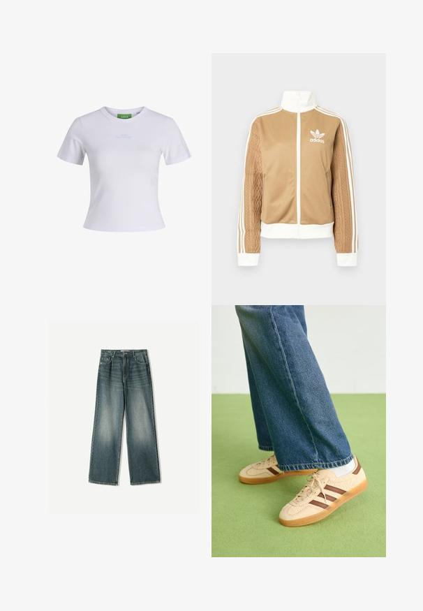 Hnedá mikina na zips s bielymi akcentmi a tromi bielymi pruhmi na rukávoch. Obsahuje textúrovaný tkaný vzor na jednom rukáve. Logo Adidas na hrudi.; Biele tričko z bavlny s krátkymi rukávmi, okrúhlym výstrihom a modrým nápisom "CUTE BUT PSYCHO" na hrudi. Mäkká textúra a priliehavý strih.; Džínsy s širokými nohavicami v bledomodrom umývaní, s piatimi vreckami, zapínaním na gombíky a jemnými detailmi v podobe žmolkovania na prednej strane.; Béžové tenisky s textúrovanými krémovými panelmi a hnedými pruhmi, skombinované s modrými džínsami. Džínsy majú široké nohavice a roztrhnutý lem.