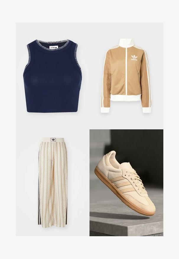 Κίτρινη ζακέτα με φερμουάρ και λευκές λεπτομέρειες, με τρεις λευκές ρίγες στα μανίκια. Διαθέτει υφαντή υφή σε ένα μανίκι. Λογότυπο Adidas στο στήθος.; Ναυτικό ριμπ αμάνικο μπλουζάκι με στρογγυλή λαιμόκοψη, που διαθέτει λευκές ραφές σε αντίθεση κατά μήκος των άκρων.; Κρεμ παντελόνια σε άλμα με ευρεία γραμμή και μοτίβο ζικ-ζακ, διαθέτοντας ζώνη με μαύρο λογότυπο και πλευρικές μαύρες ρίγες. Ελαφρύ, υφασμάτινο ύφασμα.; Ανοιχτό μπεζ σουέτ αθλητικό παπούτσι με καουτσούκ σόλα, τρεις διαγώνιες ρίγες και υφή στο καπάκι των δακτύλων. Διαθέτει λογότυπο στη γλώσσα και στο πλάι.