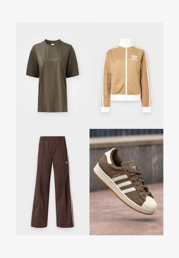 Tan zip-up jacka med vita accenter och tre vita ränder på ärmarna. Har en texturerad vävd design på en ärm. Adidas-logotyp på bröstet.; Olivgrön bomulls t-shirt med rund halsringning, korta ärmar och tonal "adidas"-logga över bröstet. Minimalistisk design och mjuk textur.; Bruna träningsbyxor med vida ben, vita sidostrippar, resår i midjan och två sidofickor. Har en liten logotyp på benet.; Bruna mockasiner i mocka med vita ränder, krämfärgade detaljer och en gummitå. Har snörning och en texturerad gummisula.