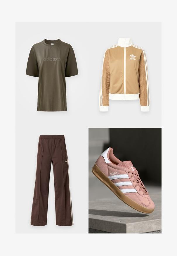Casaco de fecho éclair em tom de bege com detalhes brancos e três riscas brancas nas mangas. Apresenta um design texturizado na trama de uma das mangas. Logotipo da Adidas no peito.; T-shirt de algodão verde oliva com decote redondo, mangas curtas e logótipo "adidas" em tom sobre tom no peito. Design minimalista e textura suave.; Calças desportivas castanhas com design de perna larga, riscas laterais brancas, cintura elástica e dois bolsos laterais. Apresentam um pequeno logótipo na perna.; Sapatilhas em camurça rosa com riscas brancas, sola de borracha, parte superior texturizada e logótipo na língua. Design clássico de cano baixo.