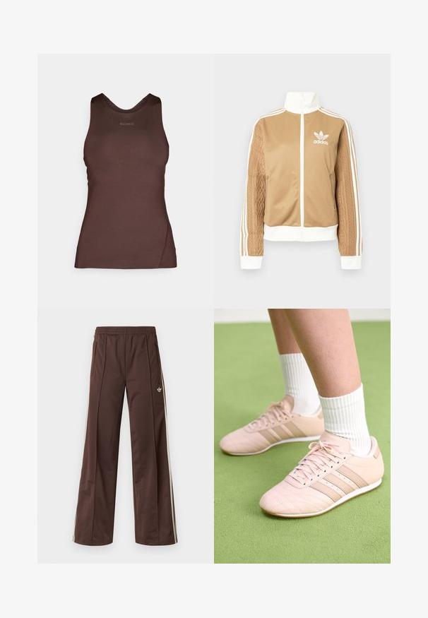 Brun zip-up jakke med hvite detaljer og tre hvite striper på ermene. Har et teksturert vevd design på den ene ermen. Adidas-logo på brystet.; Brun tanktopp laget av glatt stoff med scoop-hals, som har subtile sømdetaljer og en diskret merkevarelogo i midten.; Brune treningsbukser med vid ben-design, hvite sidestriper, elastisk midje og to sidelommer. Har en liten logo på benet.; Lys rosa treningssko med skrå sømmer, hvite såler og tre laterale striper. Brukt med rillede hvite sokker på grønn overflate.