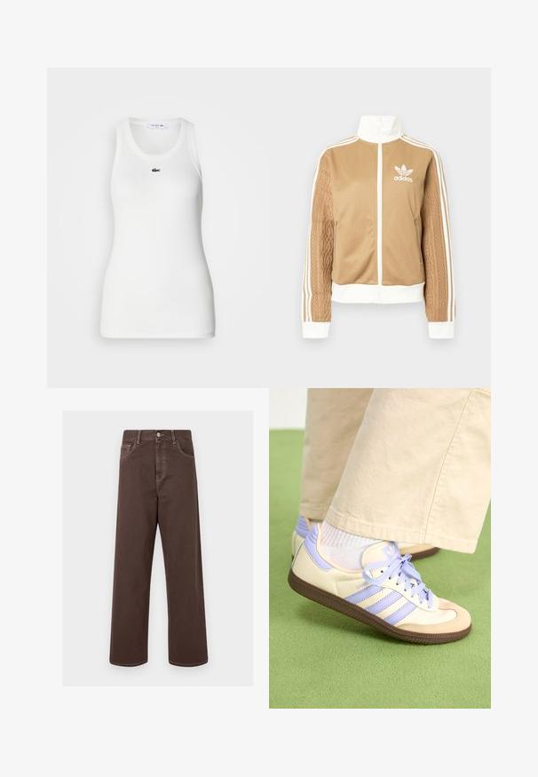 Brązowa kurtka zapinana na zamek błyskawiczny z białymi akcentami i trzema białymi paskami na rękawach. Posiada teksturowany wpleciony wzór na jednym z rękawów. Logo Adidas na klatce piersiowej.; Biała bezrękawnikowa koszulka z okrągłym dekoltem i prążkowaną teksturą. Posiada małe zielone logo krokodyla Lacoste na klatce piersiowej.; Brązowe spodnie dżinsowe typu wide-leg z kontrastowym przeszyciem, pięcioma kieszeniami i metalowym zapięciem. Gładka struktura, prosty krój.; Kremowe i lawendowe trampki z trzema paskami oraz teksturowaną brązową podeszwą, wyposażone w sznurówki i wyścieloną piętę. Górna część z miękkiego materiału.