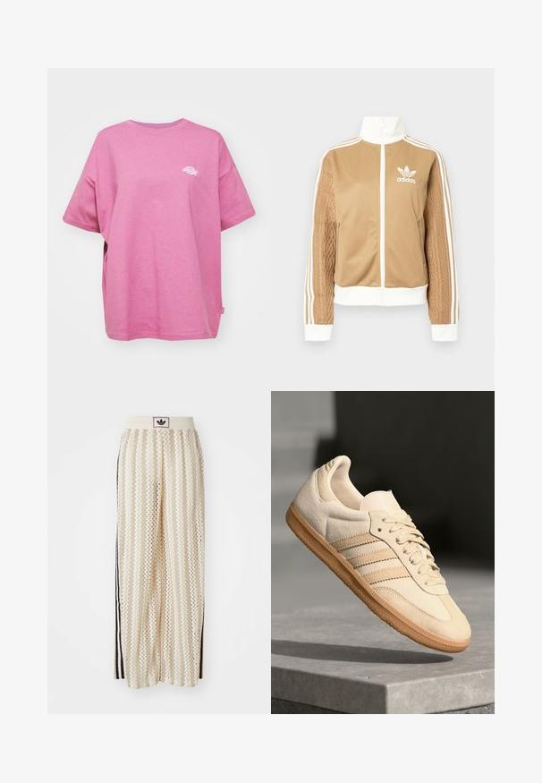 Ruda zip-up striukė su baltais akcentais ir trimis baltais dryžiais ant rankovių. Vienoje rankovėje yra tekstūruotas audinys. Adidas logotipas ant krūtinės.; Dickies SUMMERDALE TEE - Paprasti marškinėliai - mellow mauve; Grietos spalvos plačios kelnės su zigzagų raštu, turinčios juodą logotipo juostą ir šonines juodas juosteles. Lengvas, tekstūruotas audinys.; Šviesiai ruda veliūrinė sportinė avalynė su guminiais padais, trimis įstrižomis juostelėmis ir tekstūruotu pirštų apsauginiu. Ant liežuvio ir šono yra logotipas.