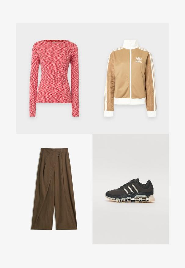 Tan zip-up jack met witte accenten en drie witte strepen op de mouwen. Heeft een gestructureerd geweven ontwerp op één mouw. Adidas-logo op de borst.; Mads Nørgaard SPACE TUBA TEE - Longsleeve - multi red; Bruine wijde broek met fijne witte streepjes, hoge taille, sluiting met een knop aan de voorkant en een overslagpaneel.; Zwarte sportschoen met een gestructureerde bovenkant, drie zilveren strepen en een kenmerkende dempingszool met meerdere geïntegreerde secties.