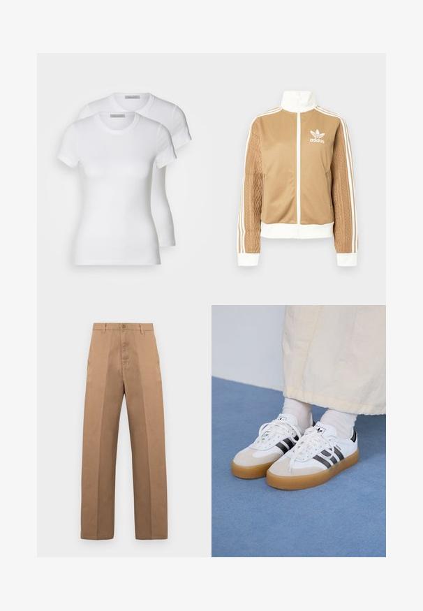 Casaco de fecho éclair em tom de bege com detalhes brancos e três riscas brancas nas mangas. Apresenta um design texturizado na trama de uma das mangas. Logotipo da Adidas no peito.; Duas t-shirts de algodão brancas com mangas curtas, decote redondo e uma silhueta ajustada, exibindo uma textura suave e design minimalista.; Calças de algodão castanhas com corte de perna reta, apresentando fecho de botão, passadores para cinto e costuras mínimas para um aspeto clean.; Ténis brancos com riscas pretas e detalhes em camurça bege. Apresentam uma sola de borracha texturizada e atacadores brancos lisos, usados com meias de tom claro.