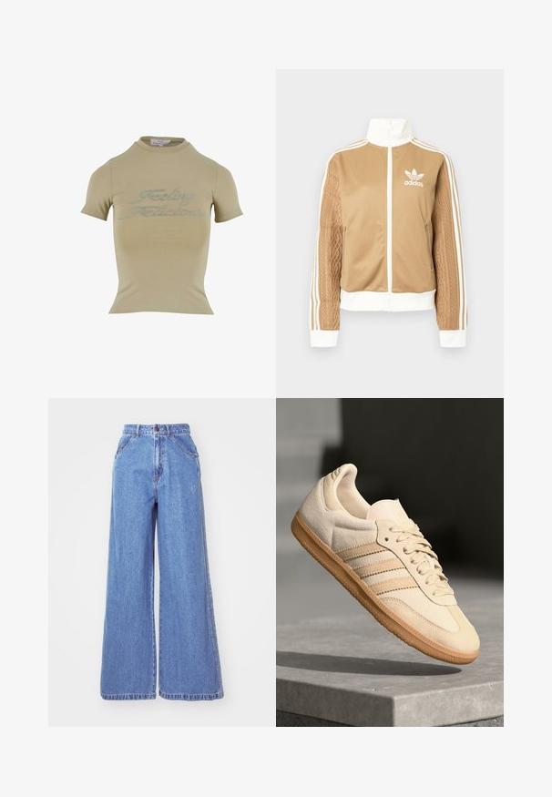 Tan zip-up takki, jossa on valkoisia yksityiskohtia ja kolme valkoista raitaa hihoissa. Yhdellä hihalla on texturoitu kudontasuunnittelu. Adidas-logo rinnassa.; Khaki lyhythelmainen t-paita, jossa on korkea kaula-aukko ja kiiltävästä kristallitekstistä "Feeling Fabulous" edessä. Sujuva kankaan pinta.; adidas Originals Straight leg -farkut - light denim; Vaalea beige mokkanahkakenkä, jossa on kumipohja, kolme vinoraitaa ja struktuuroitu varvaskappale. Varustettu logolla kielellä ja sivussa.