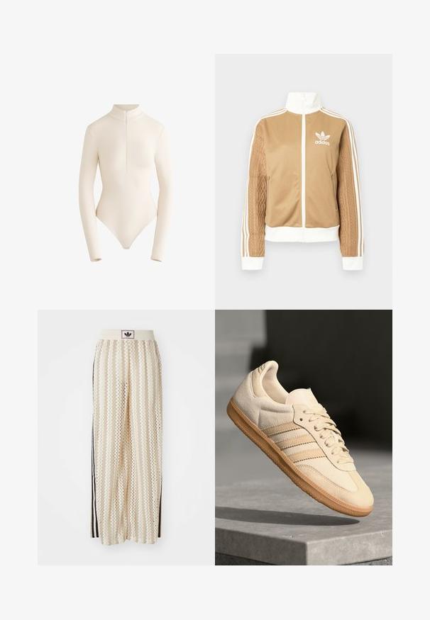 Zipper športna bunda v rjavi barvi z belimi dodatki in tremi belimi črtami na rokavih. Ima strukturiran tkaninski vzorec na enem rokavu. Adidasov logotip na prsih.; Bodysuit z dolgimi rokavi iz svetlo bež tkanine z visokim ovratnikom in sprednjim zadrgo, ki se ponaša z gladkim, prilagojenim dizajnom in globokim hrbtom.; Hlače širokega kroja kremne barve z zigzag vzorcem, opremljene z črnim logotipom na pasu in stranskimi črnimi črtami. Lahka, teksturirana tkanina.; Svetlo bež semišni športni copat z gumijastim podplatom, trije poševni trakovi in teksturiran zaščitni del. Vsebuje logotip na ježku in strani.