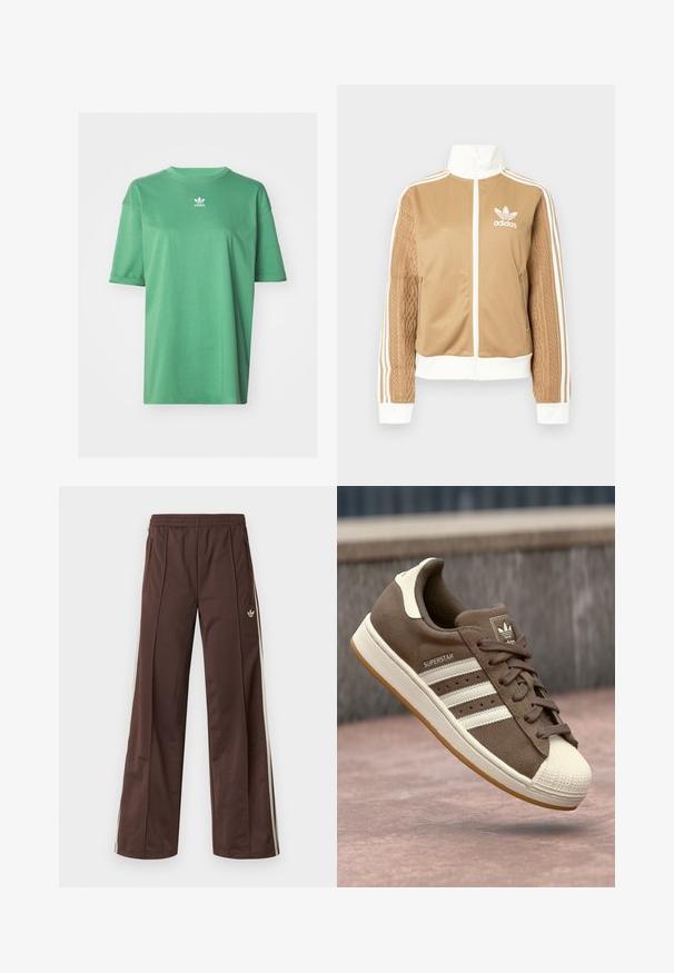Giacca a zip tan con accenti bianchi e tre strisce bianche sulle maniche. Presenta un design tessuto testo su una manica. Logo Adidas sul petto.; adidas Originals TEE - T-shirt basic - preloved green; Pantaloni sportivi marroni con design a gamba larga, strisce laterali bianche, coulisse elastica in vita e due tasche laterali. Presentano un piccolo logo sulla gamba.; Sneaker in suede marrone con strisce bianche, accenti crema e punta in gomma. Presenta un design con lacci e una suola in gomma testurizzata.