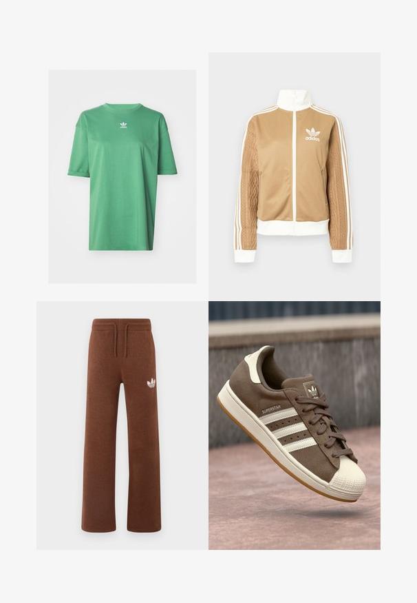 Tamni zip-up jakna s bijelim naglascima i tri bijele pruge na rukavima. Ima teksturirani tkaninski uzorak na jednom rukavu. Adidas logo na prsima.; adidas Originals TEE - Osnovna majica kratkih rukava - preloved green; Smeđe trenirke od mekog materijala s opuštenim krojem, s elastičnim pojasom, vezicom i bijelim logotipom na lijevom bedru.; Smeđi suedetenisice s bijelim prugama, kremastim naglascima i gumenkatom nosu. Imaju vezano dizajn i teksturiranu gumu.