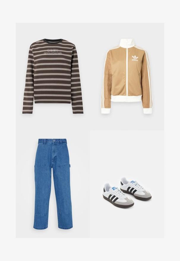 Zipper športna bunda v rjavi barvi z belimi dodatki in tremi belimi črtami na rokavih. Ima strukturiran tkaninski vzorec na enem rokavu. Adidasov logotip na prsih.; Rjava in črno črtasta majica z dolgimi rokavi z belim vezenim napisom "OBEY STUDIOS" na prsih, z okroglim izrezom ovratnika.; Modre denim cargo hlače z visokim pasom, širokimi nogami in velikimi sprednjimi žepi. Imajo detajle šivanja in gumbasto zapiranje.; Športni čevlji z belim usnjenim zgornjim delom, sivim semišem na prstih in tremi črnimi črtami. Imajo modro logo na jeziku in teksturiran gumijast podplat.