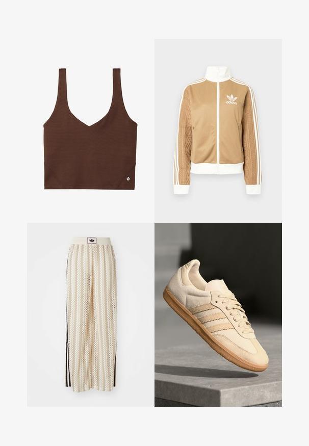 Tan-zip-Jacke mit weißen Akzenten und drei weißen Streifen an den Ärmeln. Besitzt ein strukturiertes Gewebedesign an einem Ärmel. Adidas-Logo auf der Brust.; Braunes Crop-Top mit breiten Schulterriemen, V-Ausschnitt und kleinem weißem Logo unten rechts auf weißem Hintergrund.; Cremfarbene, weit geschnittene Hosen mit einem Zickzackmuster, ausgestattet mit einem schwarzen Logo-Bund und seitlichen schwarzen Streifen. Leichter, strukturierter Stoff.; Helle beigetöne Wildledersneaker mit Gumminsohle, drei schrägen Streifen und einer strukturierten Zehenkappe. Mit Logo auf der Zunge und der Seite.