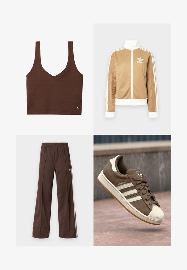 Giacca a zip tan con accenti bianchi e tre strisce bianche sulle maniche. Presenta un design tessuto testo su una manica. Logo Adidas sul petto.; Top corto marrone con spalline larghe, scollo a V e piccolo logo bianco sul lato inferiore destro su sfondo bianco.; Pantaloni sportivi marroni con design a gamba larga, strisce laterali bianche, coulisse elastica in vita e due tasche laterali. Presentano un piccolo logo sulla gamba.; Sneaker in suede marrone con strisce bianche, accenti crema e punta in gomma. Presenta un design con lacci e una suola in gomma testurizzata.