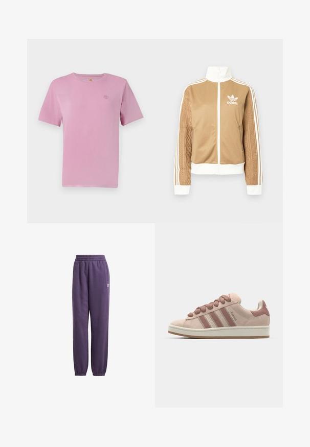 Tan zip-up jacket with white accents and three white stripes on sleeves. Features textured woven design on one sleeve. Adidas logo on chest.; Short-sleeve pink cotton t-shirt featuring a small, embroidered logo on the chest. Smooth texture and classic crew neck design.; Purple sweatpants with elastic waistband and cuffs, side pockets, and white logo detail. Made from soft, cozy fabric for comfort.; Pink suede sneakers with three darker pink stripes, round laces, and a white midsole. Designed with a cushioned collar for comfort.