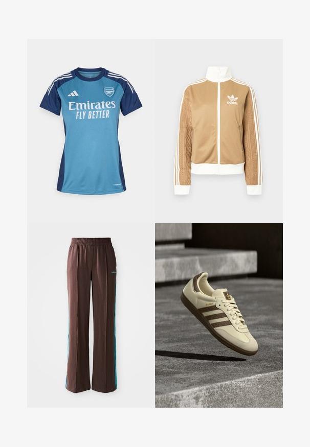 Chaqueta con cremallera en tono marrón y acentos en blanco, con tres rayas blancas en las mangas. Presenta un diseño texturizado tejido en una de las mangas. Logo de Adidas en el pecho.; Camiseta de fútbol en tonos turquesa y azul marino, con mangas cortas, que presenta el logo blanco de "Emirates", el texto "FLY BETTER" y las franjas de Adidas.; Pantalones deportivos marrones con textura acanalada, cinturilla elástica y rayas laterales turquesas. Presenta el logo de adidas en la parte frontal.; Zapatilla de color crema con detalles marrones, franjas laterales texturizadas y un acabado de cuero liso. Cuenta con un diseño de cordones y suela de goma.