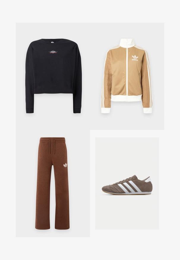 Tan zip-up jacket with white accents and three white stripes on sleeves. Features textured woven design on one sleeve. Adidas logo on chest.; Black cropped sweatshirt made of cotton, featuring a round neckline and long sleeves. Small logo graphic in gray and red on the chest.; Brown sweatpants in soft fabric with a relaxed fit, featuring an elastic waistband, drawstring, and a white logo on the left thigh.; Brown suede athletic shoe with white stripes, round toe, lace-up design, and gum rubber sole. Textured upper with stitching details.