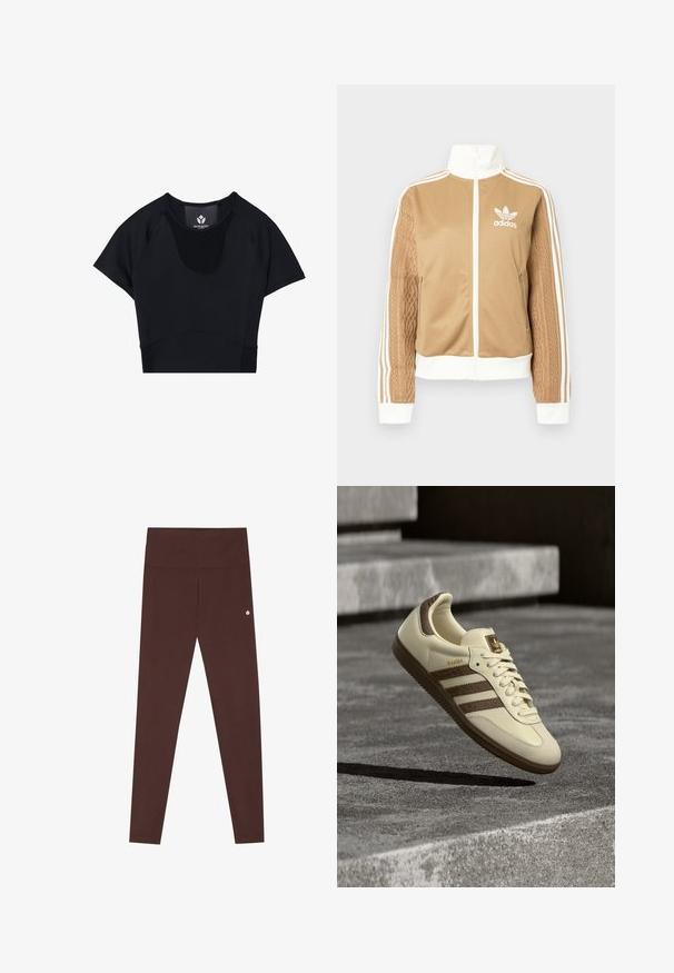 Tan zip-up jakke med hvide accenter og tre hvide striber på ærmerne. Har et tekstureret, vævet design på det ene ærme. Adidas-logo på brystet.; Sorte atletiske cropped top med korte ærmer, har en rund hals, teksturerede paneldetaljer og en tætsiddende design for et strømlinet look.; Brune leggings lavet af strækbart materiale, med en høj talje, sømløs design og et lille logo nær venstre hoft.; Sneaker i cremefarve med brune detaljer, teksturerede sidelommer og en glat læderfinish. Har snøredesign og gummisål.