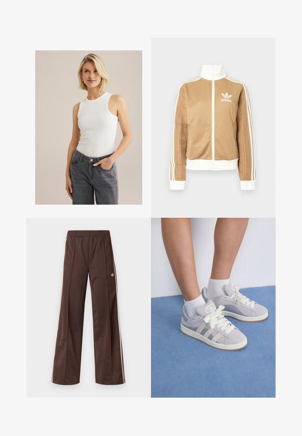 Jachetă zip-up de culoare bej cu accente albe și trei dungi albe pe mâneci. Prezintă un design țesut texturat pe o mânecă. Logo-ul Adidas pe piept.; Top alb fără mâneci, cu un decolteu rotund, asociat cu blugi gri cu talie înaltă, având buzunare și închidere cu nasture.; Pantaloni atletici maro cu design cu picior larg, dungi laterale albe, talie elastică și două buzunare laterale. Prezintă un logo mic pe picior.; Adidași din suede gri cu șireturi albe și talpă din cauciuc, având trei dungi diagonale pe lateral și un patch cu logo pe limbă.