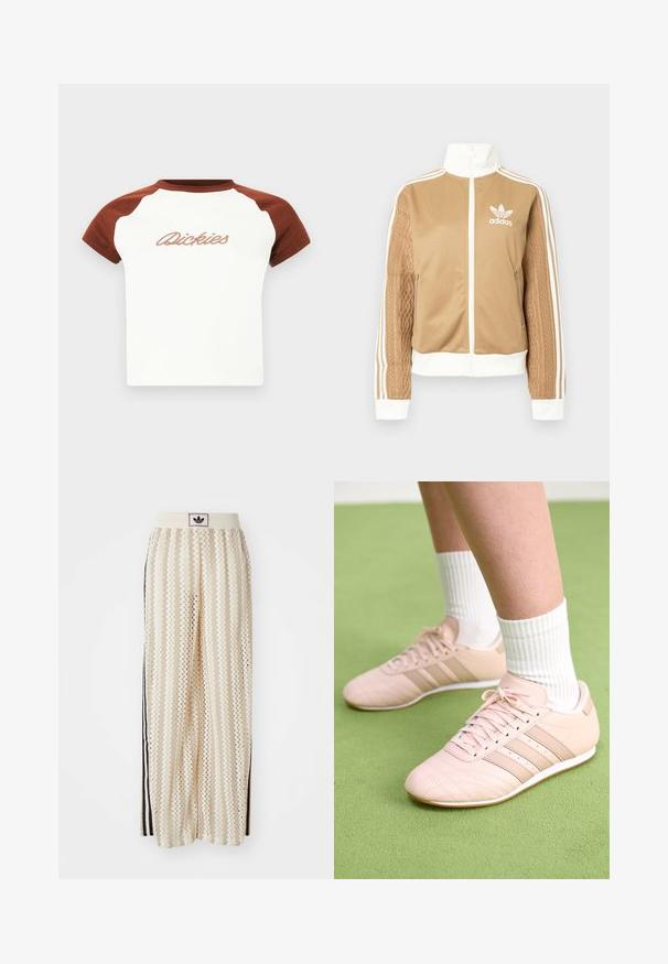 Zipper športna bunda v rjavi barvi z belimi dodatki in tremi belimi črtami na rokavih. Ima strukturiran tkaninski vzorec na enem rokavu. Adidasov logotip na prsih.; T-shirt s kratkimi rokavi z belo podlago in rjavimi raglan rokavi. Na prsih je napisan "Dickies" v stilizirani šivi. Gladka tekstura.; Hlače širokega kroja kremne barve z zigzag vzorcem, opremljene z črnim logotipom na pasu in stranskimi črnimi črtami. Lahka, teksturirana tkanina.; Svetlo roza športni čevlji z diagonalnim šivom, belimi podplati in tremi stranskimi črtami. Oblečeni z rebrastimi belimi nogavicami na zeleni površini.