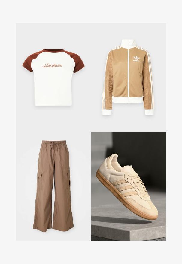 Kraevis sisekavaga jakki valgete aktsentidega ja kolme valge triibuga varrukatel. Ühel varrukal on tekstureeritud kootud muster. Adidas'i logo rinnal.; Lühikeste varrukatega t-särk valge kehaga ja pruuni raglanvarrukatega. Rinnal on stiliseeritud niidiga "Dickies" kiri. Sile tekstuur.; Pruunid laiad vabaaja cargo püksid, millel on paelaga vöökoht ja külgmised klapikotid, laia jala disain, esitatud valge tausta taustal.; Hele beeži sueded spordijalatsid, millel on kummist välistald, kolm diagonaalset triipu ja tekstuuriga varvaste katus. Omab logo keelel ja külgedel.