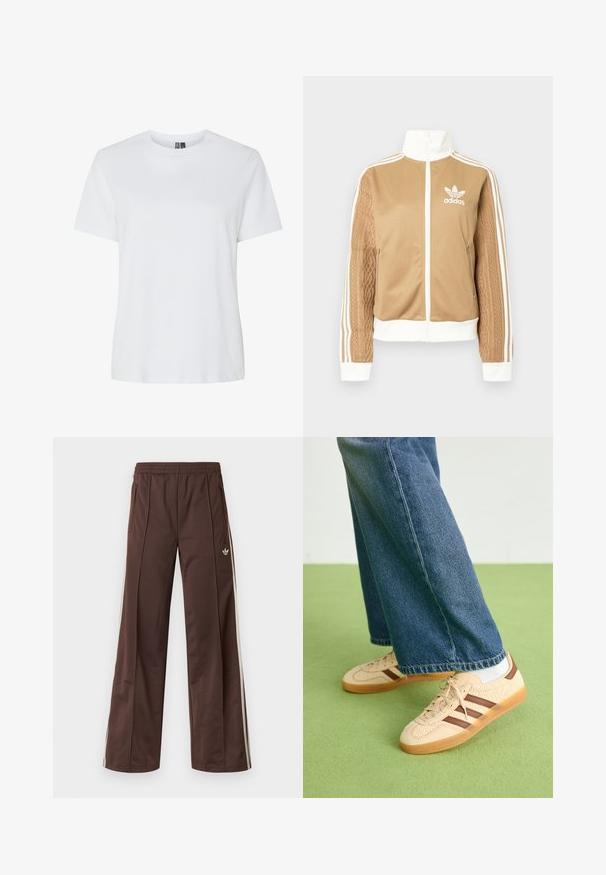 Jachetă zip-up de culoare bej cu accente albe și trei dungi albe pe mâneci. Prezintă un design țesut texturat pe o mânecă. Logo-ul Adidas pe piept.; Tricou alb din bumbac cu mâneci scurte și gât rotund. Textură netedă, croială lejeră și fără modele sau accente vizibile.; Pantaloni atletici maro cu design cu picior larg, dungi laterale albe, talie elastică și două buzunare laterale. Prezintă un logo mic pe picior.; Tenisi bej cu panouri texturate de culoare crem și dungi maro, asortați cu blugi din denim albastru. Blugii au un croi larg și o margine desfăcută.