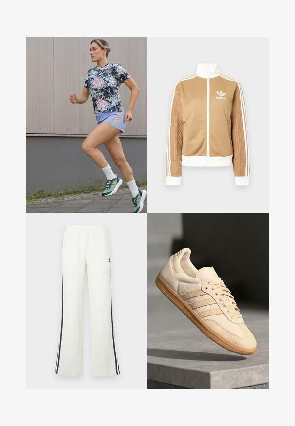 Giacca a zip tan con accenti bianchi e tre strisce bianche sulle maniche. Presenta un design tessuto testo su una manica. Logo Adidas sul petto.; adidas Performance TEE - T-Shirt sport - aurora ink/sandy pink; Pantaloni in maglia a treccia color crema chiaro con design svasato. Presentano strisce laterali blu scuro e un logo Adidas sull'anca. Vita elastica.; Sneaker in suede beige chiaro con suola in gomma, tre strisce diagonali e punta con texture. Presenta il logo sulla linguetta e sul lato.