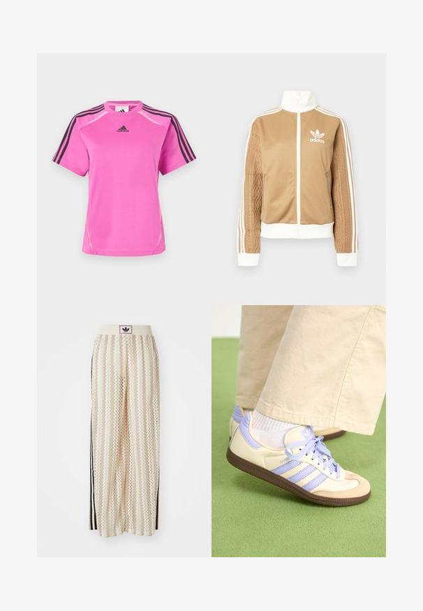 Tan zip-up jacket with white accents and three white stripes on sleeves. Features textured woven design on one sleeve. Adidas logo on chest.; Bright pink Adidas sports t-shirt with black three-stripe detail on sleeves and black Adidas logo on chest.; Cream-colored wide-leg pants with a zigzag pattern, featuring a black logo waistband and side black stripes. Lightweight, textured fabric.; Cream and lavender sneakers with three stripes and a textured brown sole, featuring laces and a padded heel. Soft fabric upper.