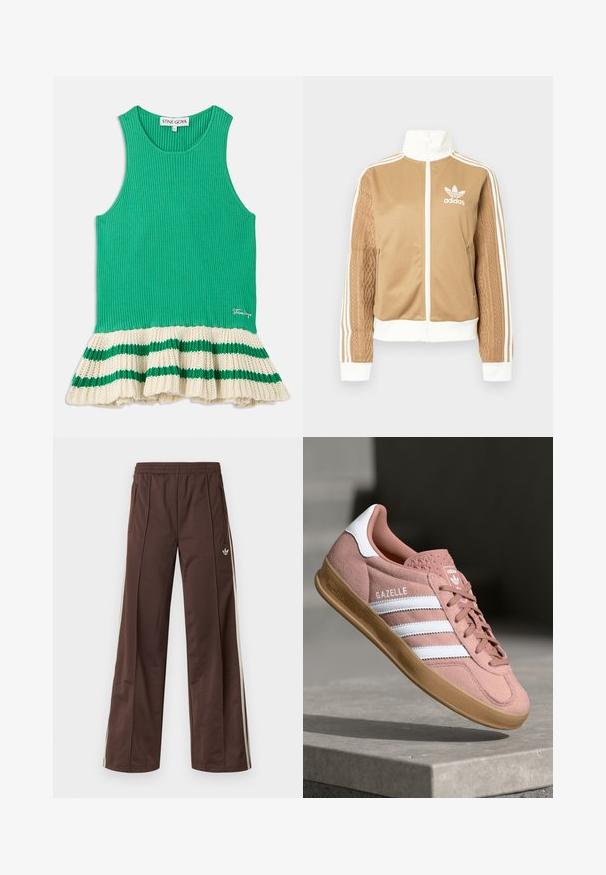 Casaco de fecho éclair em tom de bege com detalhes brancos e três riscas brancas nas mangas. Apresenta um design texturizado na trama de uma das mangas. Logotipo da Adidas no peito.; Top em malha verde com nervuras, apresentando uma barra em creme com ponto largo e riscas verdes. Logótipo bordado na parte da frente, perto da barra.; Calças desportivas castanhas com design de perna larga, riscas laterais brancas, cintura elástica e dois bolsos laterais. Apresentam um pequeno logótipo na perna.; Sapatilhas em camurça rosa com riscas brancas, sola de borracha, parte superior texturizada e logótipo na língua. Design clássico de cano baixo.