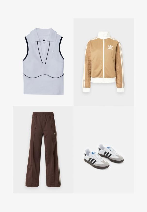 Tan zip-up jack met witte accenten en drie witte strepen op de mouwen. Heeft een gestructureerd geweven ontwerp op één mouw. Adidas-logo op de borst.; Witte mouwloze sporttop met een kraaglijn, diepe V-vorm, zwarte randdetails en een klein logo in de linkerbovenhoek.; Bruine sportbroek met een wijd uitlopende pijp, witte zijstrepen, een elastische tailleband en twee zijzakken. Heeft een klein logo op het been.; Sportschoenen met een witte leren bovenkant, grijze suède neus en drie zwarte strepen. Bevat een blauw logo op de tong en een gestructureerde rubberen zool.