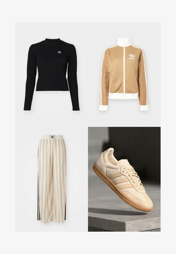 Tā tan krāsa zip-up jakas ar baltajiem akcentiem un trim baltām svītrām uz piedurknēm. Izceļas ar teksturētu aušanas dizainu uz vienas piedurknes. Adidas logo uz krūšu daļas.; Melnas garām piedurknēm top ar ribota tekstūra, augstu kakla izgriezumu un mazu izšūtu logotipu kreisajā krūtīs. Iezīmēta pieguļošā īsajā dizainā.; Krēmbalti plaša piegriezuma bikses ar zigzaga rakstu, ar melnu logotipa jostu un melnām sānu svītrām. Viegls, teksturēts audums.; Gaišbeige zamšas sneakeris ar gumijas zoli, trim diagonālām svītrām un teksturētu purngali. Uz mēles un sānos ir redzams logotips.