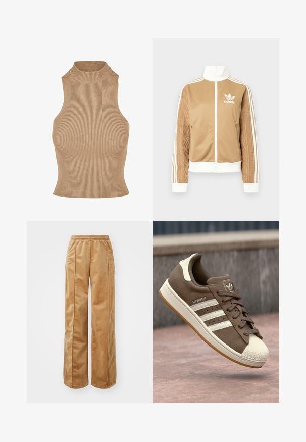 Tan zip-up jack met witte accenten en drie witte strepen op de mouwen. Heeft een gestructureerd geweven ontwerp op één mouw. Adidas-logo op de borst.; Geribbelde gebreide mouwloze top in beige, met een hoge opstaande kraag en een strakke pasvorm, die textuur en een slanke silhouet benadrukt.; Tan wijde broek van zacht, fluweelachtig materiaal. Voorzien van een elastische tailleband en verticale naden aan de voorkant voor extra detail.; Bruine suède sneakers met witte strepen, crème accenten en een rubberen shellneus. Voorzien van een vetersluiting en een textuur van gumzool.