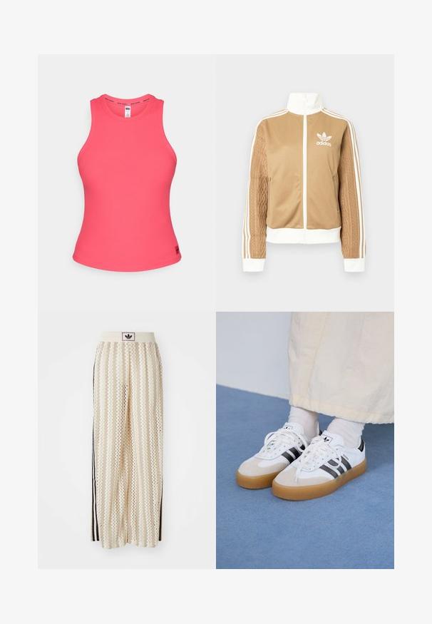 Brun zip-up jakke med hvite detaljer og tre hvite striper på ermene. Har et teksturert vevd design på den ene ermen. Adidas-logo på brystet.; Rosa ribbestrikket tanktopp med høy hals og brede armåpninger. Har en logobånd ved kragen og en tett silhuett. Mykt materiale.; Kremfargede bukser med brede ben og zigzag-mønster, med en svart logo-linning og svarte striper på siden. Lett, teksturert stoff.; Hvite sneakers med svarte striper og beige semsket skinn-detaljer. Har en teksturert gummisåle og flate hvite snører, brukt med lyse sokker.