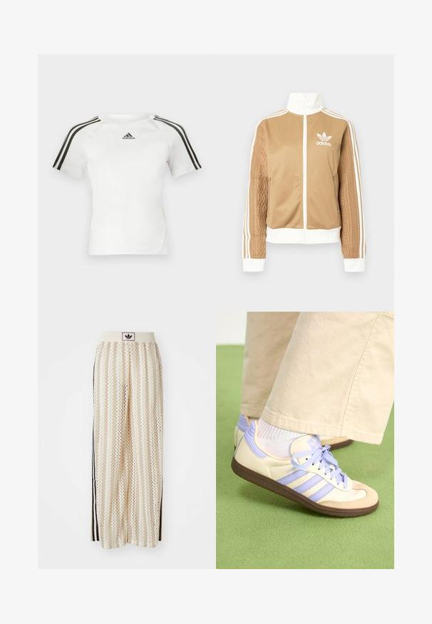Brun zip-up jakke med hvite detaljer og tre hvite striper på ermene. Har et teksturert vevd design på den ene ermen. Adidas-logo på brystet.; Hvit kortermet treningstrøye med svart tre-stripes design på skuldrene, glatt tekstur, og en liten svart adidas-logo på brystet.; Kremfargede bukser med brede ben og zigzag-mønster, med en svart logo-linning og svarte striper på siden. Lett, teksturert stoff.; Kremfargede og lavendelfargede joggesko med tre striper og en teksturert brun såle, med lisser og en polstret hæl. Mykt stofføvre.