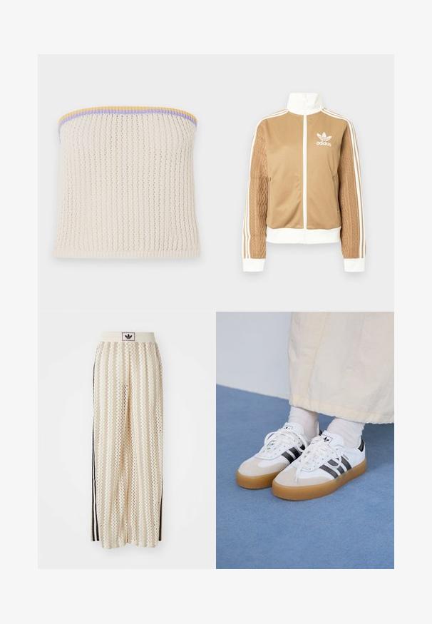 Brun zip-up jakke med hvite detaljer og tre hvite striper på ermene. Har et teksturert vevd design på den ene ermen. Adidas-logo på brystet.; Kremet strikket off-shoulder topp med ribbestruktur. Utsmykket med gul, lilla og blå kant. Inkluderer en liten metallmerke.; Kremfargede bukser med brede ben og zigzag-mønster, med en svart logo-linning og svarte striper på siden. Lett, teksturert stoff.; Hvite sneakers med svarte striper og beige semsket skinn-detaljer. Har en teksturert gummisåle og flate hvite snører, brukt med lyse sokker.
