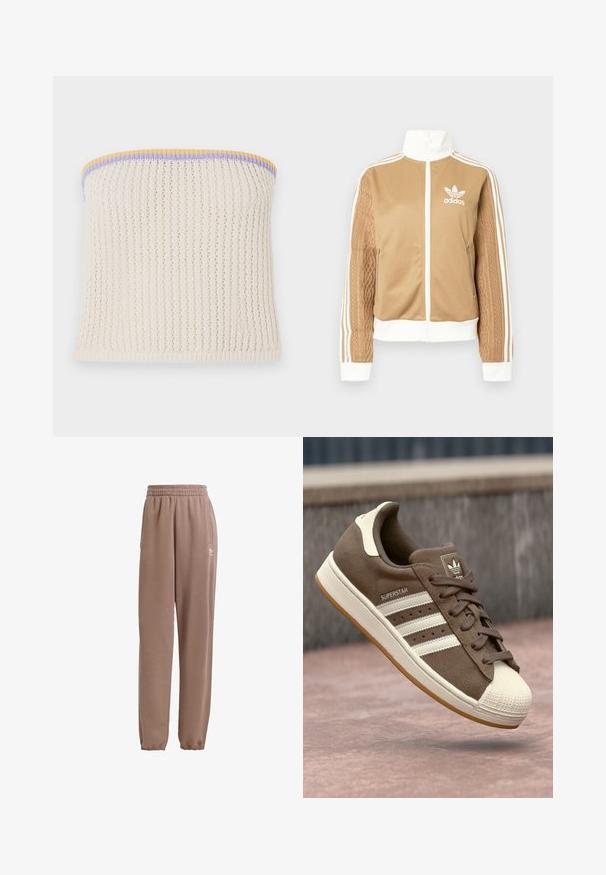 Tan-zip-Jacke mit weißen Akzenten und drei weißen Streifen an den Ärmeln. Besitzt ein strukturiertes Gewebedesign an einem Ärmel. Adidas-Logo auf der Brust.; Cremfarbener, gestrickter trägerloser Top mit gerippter Textur. Akzentuiert mit gelbem, lila und blauem Besatz. Enthält ein kleines metallisches Markenlogo.; Braune Sweatpants aus weichem Stoff, mit einem elastischen Bund, Seitentaschen und elastischen Bündchen, verziert mit einem weißen Logo-Detail.; Braune Wildleder-Sneaker mit weißen Streifen, crèmefarbenen Akzenten und einer Gummischale an der Zehe. Verfügt über ein Schnürdesign und eine strukturierte Gummisohle.