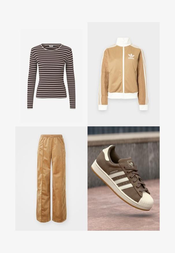 Tan zip-up jakke med hvide accenter og tre hvide striber på ærmerne. Har et tekstureret, vævet design på det ene ærme. Adidas-logo på brystet.; Langærmet tætsiddende ribstrikket bluse med brune og hvide vandrette striber og rund halsudskæring.; Tan breddebenede bukser lavet af blødt, fløjlende materiale. Har en elastisk talje og lodrette sømme foran for ekstra detaljer.; Brune ruskinds sneakers med hvide striber, cremefarvede detaljer og gummiskal tå. Har snørebåndsdesign og struktureret gummisål.