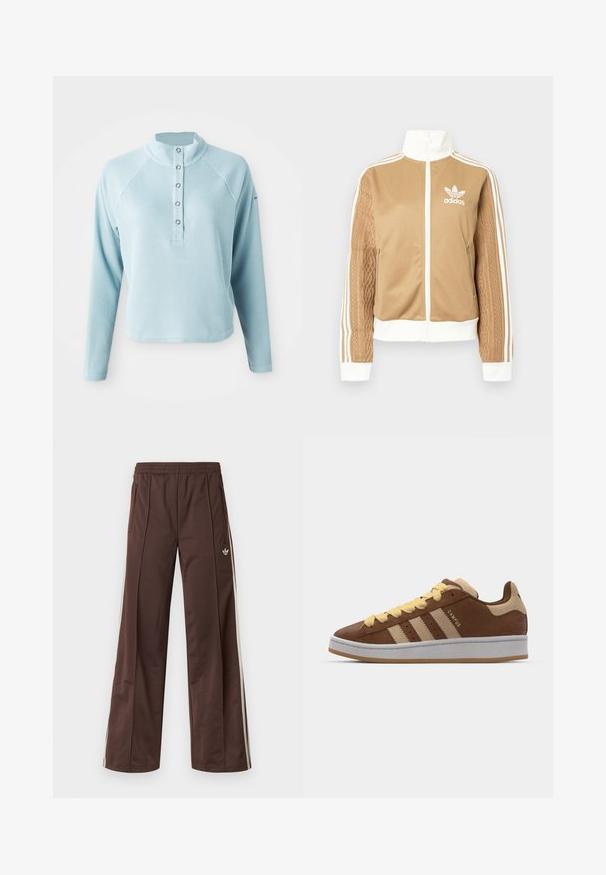Tan zip-up jacket with white accents and three white stripes on sleeves. Features textured woven design on one sleeve. Adidas logo on chest.; Light blue long-sleeve top with a high collar, textured fabric, and button closure. Features raglan sleeves and a cropped hem.; Brown athletic pants with a wide-leg design, white side stripes, an elastic waistband, and two side pockets. Features small logo on the leg.; adidas Originals CAMPUS 00S DOUBLE W - Trainers - preloved brown/sand strata/orange tint