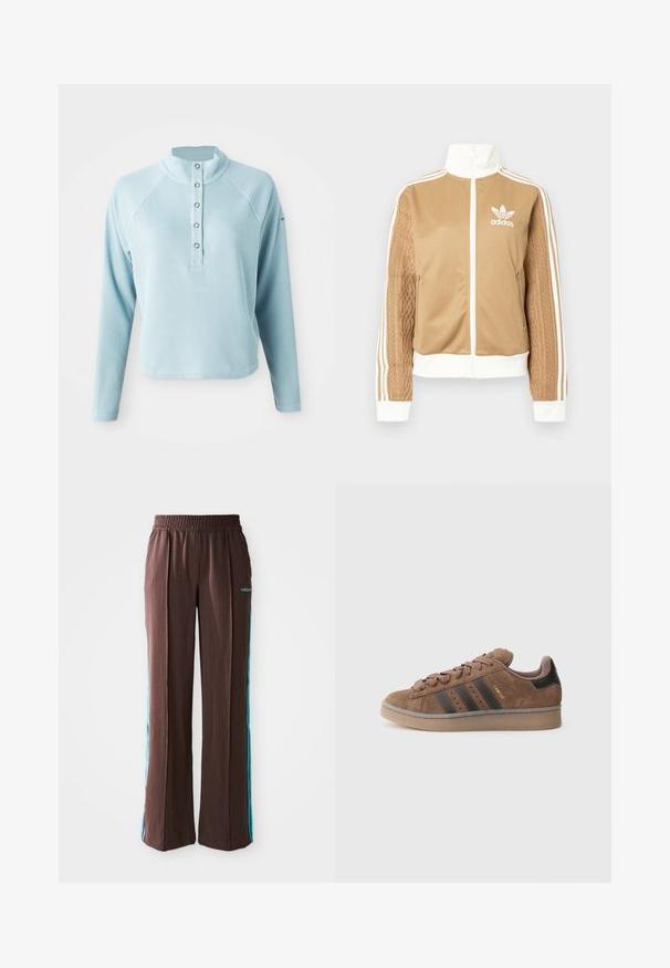 Tamni zip-up jakna s bijelim naglascima i tri bijele pruge na rukavima. Ima teksturirani tkaninski uzorak na jednom rukavu. Adidas logo na prsima.; Svijetloplavi gornji dio s dugim rukavima, visokim ovratnikom, teksturiranom tkaninom i kopčanjem na dugmad. Sadržava raglan rukave i skraćeni rub.; Smeđe atletske hlače s rebrastom teksturom, elastičnim pojasom i tirkiznim bočnim trakama. Na prednjem dijelu nalazi se adidas logo.; Smeđa tenisica od brušene kože s tri tamne pruge, teksturiranim vezicama sprijeda i kontrastnom crnom petom. Ima gumeni potplat i zlatni logo.