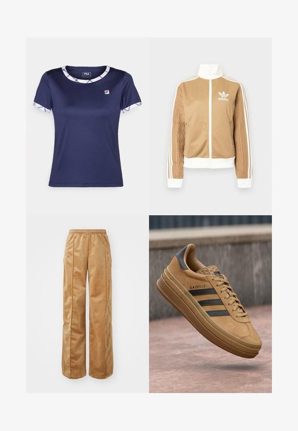 Brun zip-up jakke med hvite detaljer og tre hvite striper på ermene. Har et teksturert vevd design på den ene ermen. Adidas-logo på brystet.; Mørkeblå T-skjorte med rund hals, med mønstrete kant rundt kragen og ermene, laget av glatt og elastisk materiale. Fila-logoen er tilstede.; Beige vide bukser laget av mykt, fløyelsaktig materiale. Har elastisk midje og vertikale sømmer foran for ekstra detaljer.; Tan ruskinn sneakers med en glatt tekstur, med tre mørke striper, en rund tå, og en tykkere såle med et mønstrete kant.