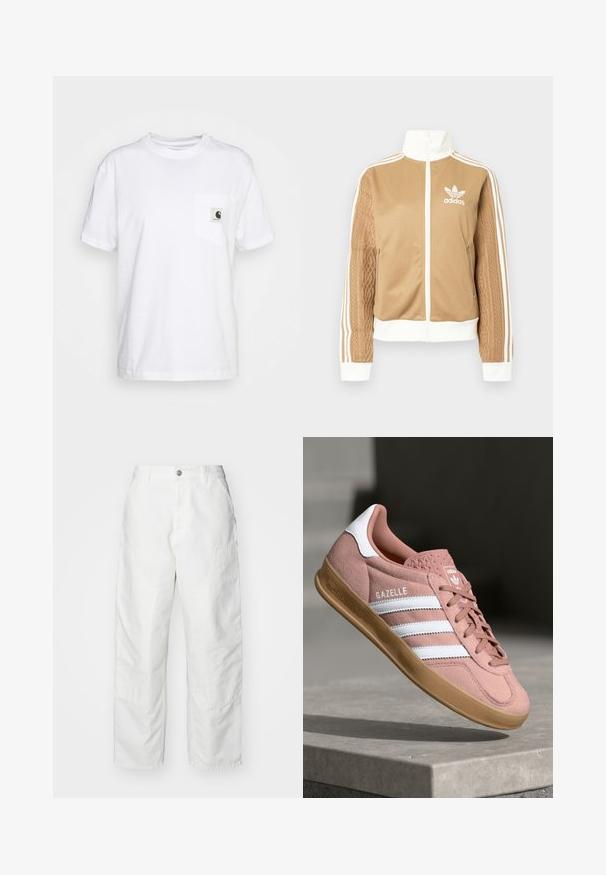 Casaco de fecho éclair em tom de bege com detalhes brancos e três riscas brancas nas mangas. Apresenta um design texturizado na trama de uma das mangas. Logotipo da Adidas no peito.; T-shirt branca de algodão com mangas curtas, decote redondo e um bolso no peito esquerdo com um rótulo de logótipo a preto e branco.; Calças cargo brancas feitas de denim, com um corte descontraído, bolsos laterais e detalhes de costura visíveis. Frente simples com fecho de botão.; Sapatilhas em camurça rosa com riscas brancas, sola de borracha, parte superior texturizada e logótipo na língua. Design clássico de cano baixo.