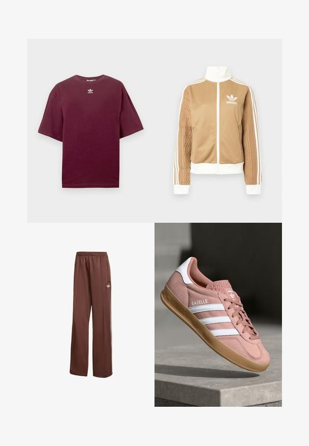 Tan zip-up jakke med hvide accenter og tre hvide striber på ærmerne. Har et tekstureret, vævet design på det ene ærme. Adidas-logo på brystet.; Bourgognefarvet bomulds-T-shirt med rund hals og korte ærmer, med en hvid Adidas-logo centreret på brystet. Glat tekstur.; Brune sportsbukser med en afslappet pasform. Lavet af glat stof, med sidelommer, hvide striber og et lille hvidt logo på låret.; Rosa ruskinds sneaker med hvide striber, gummisål, tekstureret overdel og logo på tungen. Klassisk low-top design.