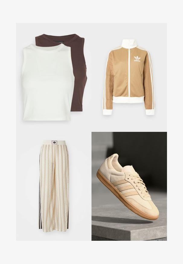 Jachetă zip-up de culoare bej cu accente albe și trei dungi albe pe mâneci. Prezintă un design țesut texturat pe o mânecă. Logo-ul Adidas pe piept.; Două bluze cu dungi, fără mâneci, în alb și maro închis. Ambele au un guler înalt și un material moale, elastic, ideal pentru stratificare.; Pantaloni largi de culoare crem, cu un model în zigzag, având un brâu cu logo negru și dungi laterale negre. Material ușor, texturat.; Sneaker din suède bej deschis, cu talpă din cauciuc, trei dungi diagonale și o capacă texturată pentru degete. Prezintă logo pe limbă și pe lateral.