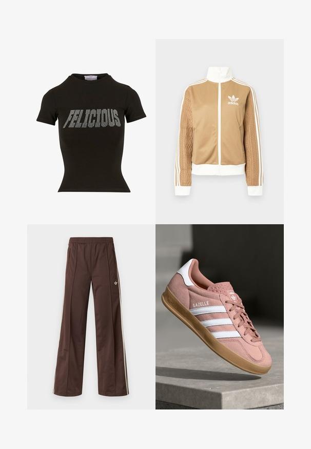 Barna, cipzáras dzseki fehér díszítésekkel és három fehér csíkkal a hajtókákon. Az egyik hajtókán texturált szövet mintázat található. Az Adidas logo a mellkason.; Fekete, rövid ujjú pamut póló, testhezálló fazonnal, ezüst strasszkő felirattal, amely a "FELICIOUS" szót formázza az elején.; Barna sportnadrág széles szárú kialakítással, fehér oldalsávokkal, rugalmas derékpánttal és két oldalzsebbel. Kis logó található a lábon.; Rózsaszín velúr sportcipő fehér csíkokkal, gumitalppal, textúrált felsőrésszel és logóval a nyelvén. Klasszikus alacsony fazon.