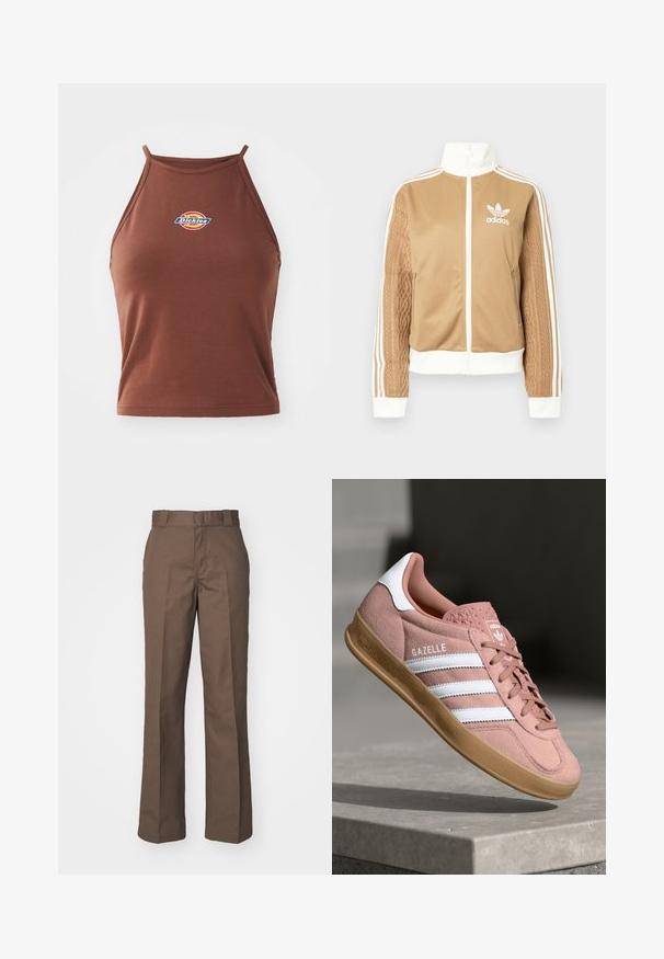 Hnědá zipová bunda s bílými akcenty a třemi bílými pruhy na rukávech. Obsahuje texturovaný tkaný design na jednom rukávu. Logo Adidas na hrudi.; Hnědý bezrukávový crop top vyrobený z elastického materiálu, který má na přední straně barevné logo "Dickies" a tenké ramínka.; Hnědé bavlněné kalhoty s rovnými nohavicemi, přední část je hladká a obsahuje poutka na opasek. Hladký povrch, bez viditelných vzorů nebo akcentů.; Růžové semišové tenisky s bílými pruhy, gumovou podrážkou, texturovaným svrškem a logem na jazyku. Klasický nízký design.