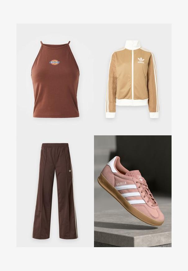 Tamni zip-up jakna s bijelim naglascima i tri bijele pruge na rukavima. Ima teksturirani tkaninski uzorak na jednom rukavu. Adidas logo na prsima.; Smeđi bezrukavni crop top od rastezljivog materijala, sa šarenim "Dickies" logotipom sprijeda i tankim naramenicama.; Smeđe sportske hlače širokih nogavica, s bijelim bočnim prugama, elastičnim pojasom i dva bočna džepa. Na nozi se nalazi mali logo.; Roze suede tenisice s bijelim prugama, gumeni potplat, teksturirani gornji dio i logo na jeziku. Klasičan niskoprofilni dizajn.