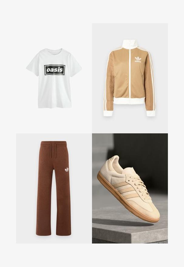 Tan zip-up takki, jossa on valkoisia yksityiskohtia ja kolme valkoista raitaa hihoissa. Yhdellä hihalla on texturoitu kudontasuunnittelu. Adidas-logo rinnassa.; Valkoinen puuvillapaita, jossa on musta suorakulmainen graafinen kuva, jossa lukee "oasis" paksuilla valkoisilla kirjaimilla. Paidassa on lyhyet hihat ja pyöreä kaula-aukko.; Ruskeat collegehousut pehmeästä kankaasta rentoa istuvuutta varten, joissa on joustava vyötärö, nyörikiinnitys ja valkoinen logo vasemmassa reidessä.; Vaalea beige mokkanahkakenkä, jossa on kumipohja, kolme vinoraitaa ja struktuuroitu varvaskappale. Varustettu logolla kielellä ja sivussa.