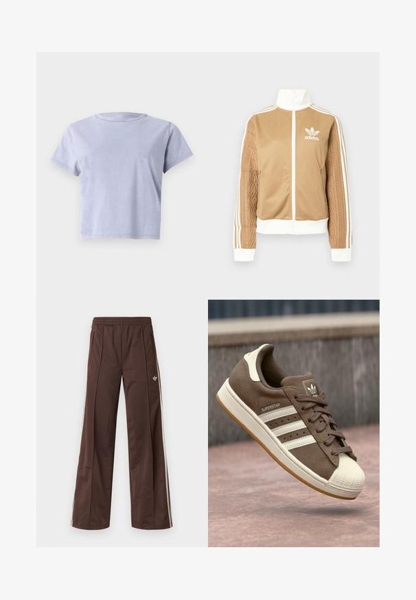 Tan zip-up jacka med vita accenter och tre vita ränder på ärmarna. Har en texturerad vävd design på en ärm. Adidas-logotyp på bröstet.; Kortärmad t-shirt med rund halsringning i ljus lavendel. Tillverkad av mjuk bomull, med en avslappnad passform och enkelt mönster utan mönster eller dekorationer.; Bruna träningsbyxor med vida ben, vita sidostrippar, resår i midjan och två sidofickor. Har en liten logotyp på benet.; Bruna mockasiner i mocka med vita ränder, krämfärgade detaljer och en gummitå. Har snörning och en texturerad gummisula.