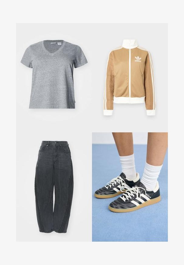 Brun zip-up jakke med hvite detaljer og tre hvite striper på ermene. Har et teksturert vevd design på den ene ermen. Adidas-logo på brystet.; Grå T-skjorte med kort erme og V-hals, laget av teksturert stoff, med en avslappet passform og detaljer på sidesømmen.; Baggy svarte denimjeans med en falmet finish, fem lommer, belteknapplukking og sømdetaljer på forsiden og sidene.; Sorte lærersneakers med hvite striper, rund tå, hvite snørebånd og såle av gummigummi. Fremhevet med polstret krage og merkeinfos.