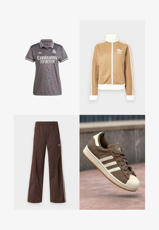 Veste zippée tan avec des accents blancs et trois rayures blanches sur les manches. Présente un design tissé texturé sur une manche. Logo Adidas sur la poitrine.; Polo gris avec un motif texturé subtil, logo "Emirates" blanc et emblème Adidas ; il dispose d'un col classique et de accents rayés.; Pantalon de sport marron à jambes larges, avec des bandes blanches sur les côtés, une taille élastique et deux poches latérales. Présente un petit logo sur la jambe.; Baskets en daim marron avec des rayures blanches, des accents crème et un embout en caoutchouc. Présente un design à lacets et une semelle en caoutchouc texturée.