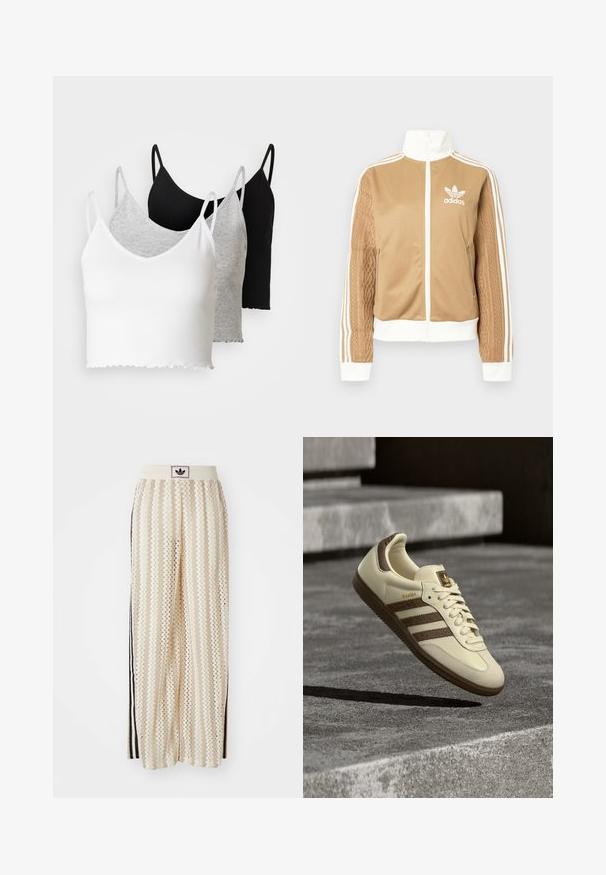 Tan zip-up jacket with white accents and three white stripes on sleeves. Features textured woven design on one sleeve. Adidas logo on chest.; Even&Odd 3 PACK - Top - black/white/grey; Cream-colored wide-leg pants with a zigzag pattern, featuring a black logo waistband and side black stripes. Lightweight, textured fabric.; Cream-colored sneaker with brown accents, textured side stripes, and a smooth leather finish. Features a lace-up design and rubber sole.
