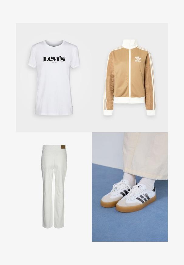 Zipper športna bunda v rjavi barvi z belimi dodatki in tremi belimi črtami na rokavih. Ima strukturiran tkaninski vzorec na enem rokavu. Adidasov logotip na prsih.; Levi's® THE PERFECT TEE - Potiskana majica - white; Bele visokotlačne hlače iz mešanice bombaža. Imajo ravno krojenje, dva zadnja žepa in označeno rjavo oznako na pasu.; Bele tene škornje s črnimi črtami in bež usnjenimi detajli. Imajo teksturirano gumijasto podplat in ravne bele vezalke, nosijo se z svetlimi nogavicami.